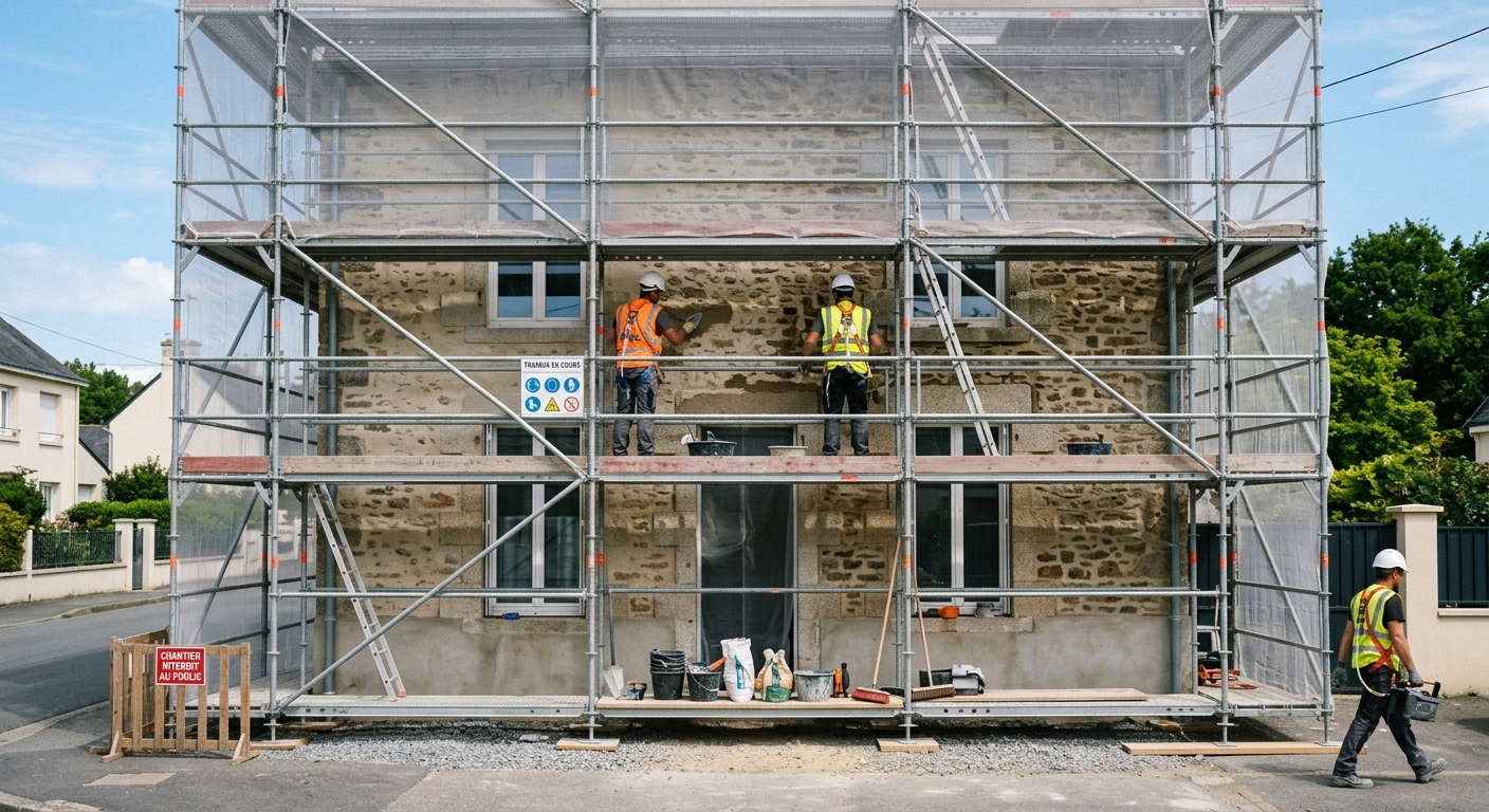 Échafaudage sécurisé et bâché pour sablage de façade