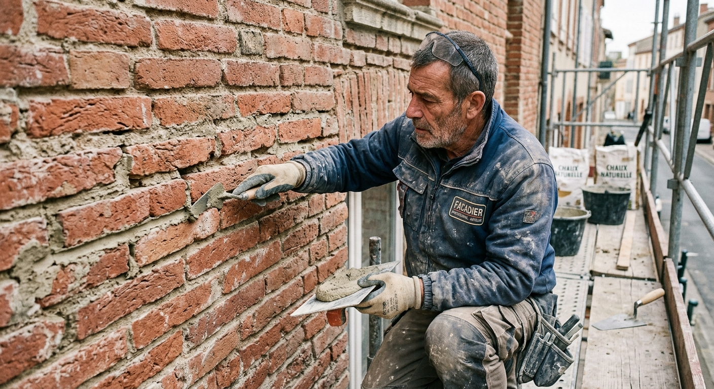 Artisan façadier réparant des joints