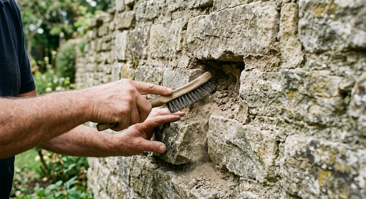 Brossage et d&eacute;poussi&eacute;rage du mur en pierre